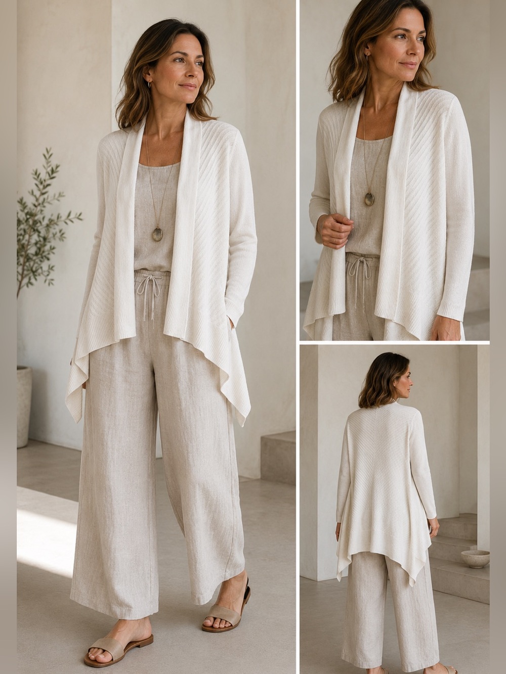 Eileen Fisher Linen Blend Open Front Cardigan Ivory Lagenlook Drape SZ S